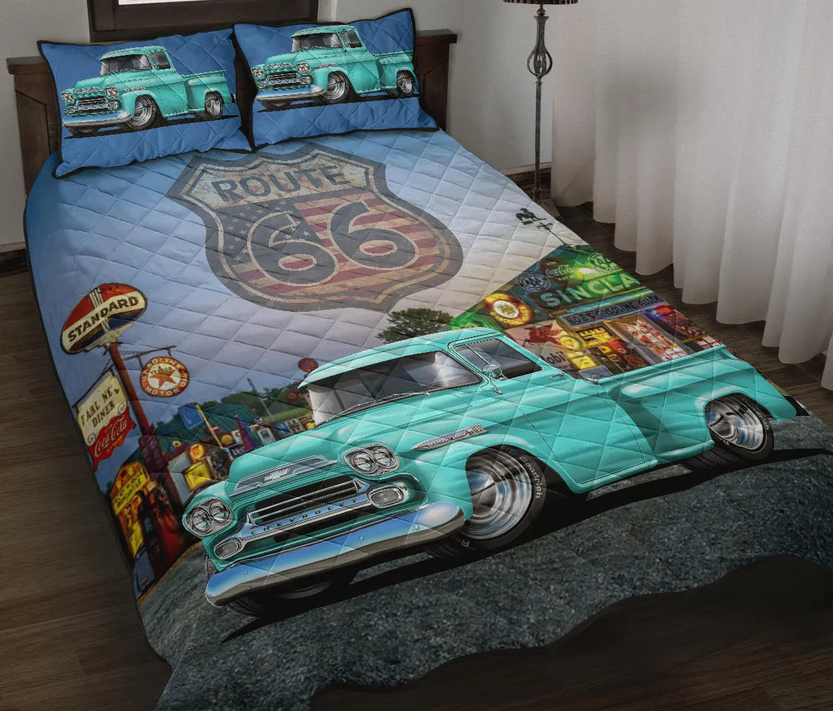 1959 Chevy Apache Pickup Truck Blue Route 66 Quilt Set