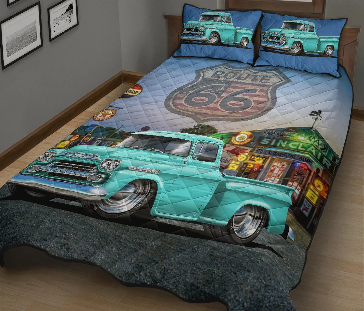 1959 Chevy Apache Pickup Truck Blue Route 66 Quilt Set