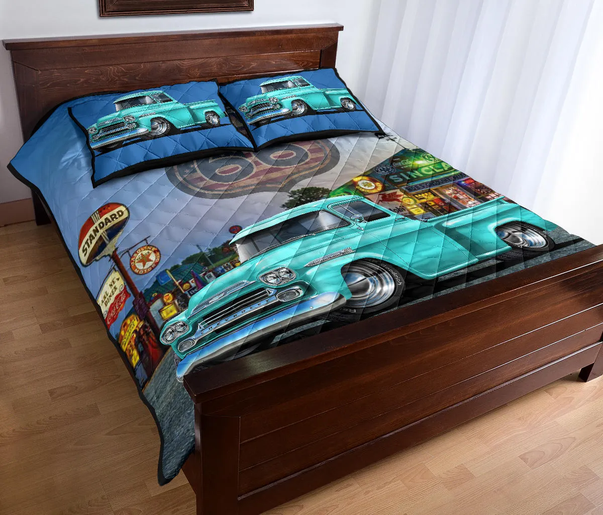 1959 Chevy Apache Pickup Truck Blue Route 66 Quilt Set