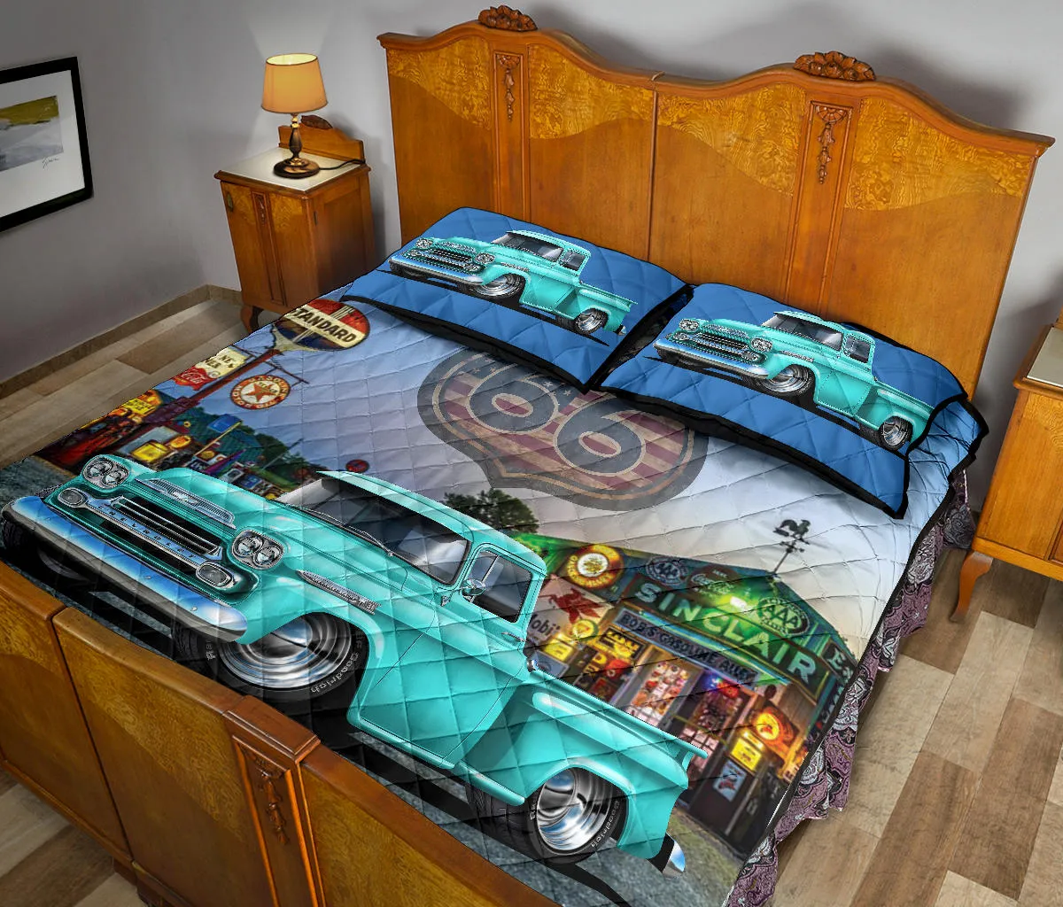 1959 Chevy Apache Pickup Truck Blue Route 66 Quilt Set