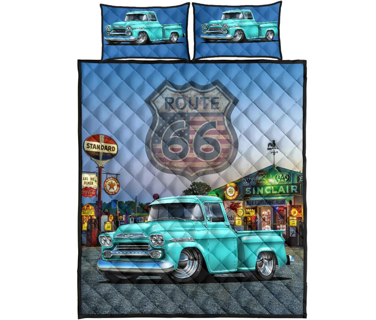 1959 Chevy Apache Pickup Truck Blue Route 66 Quilt Set