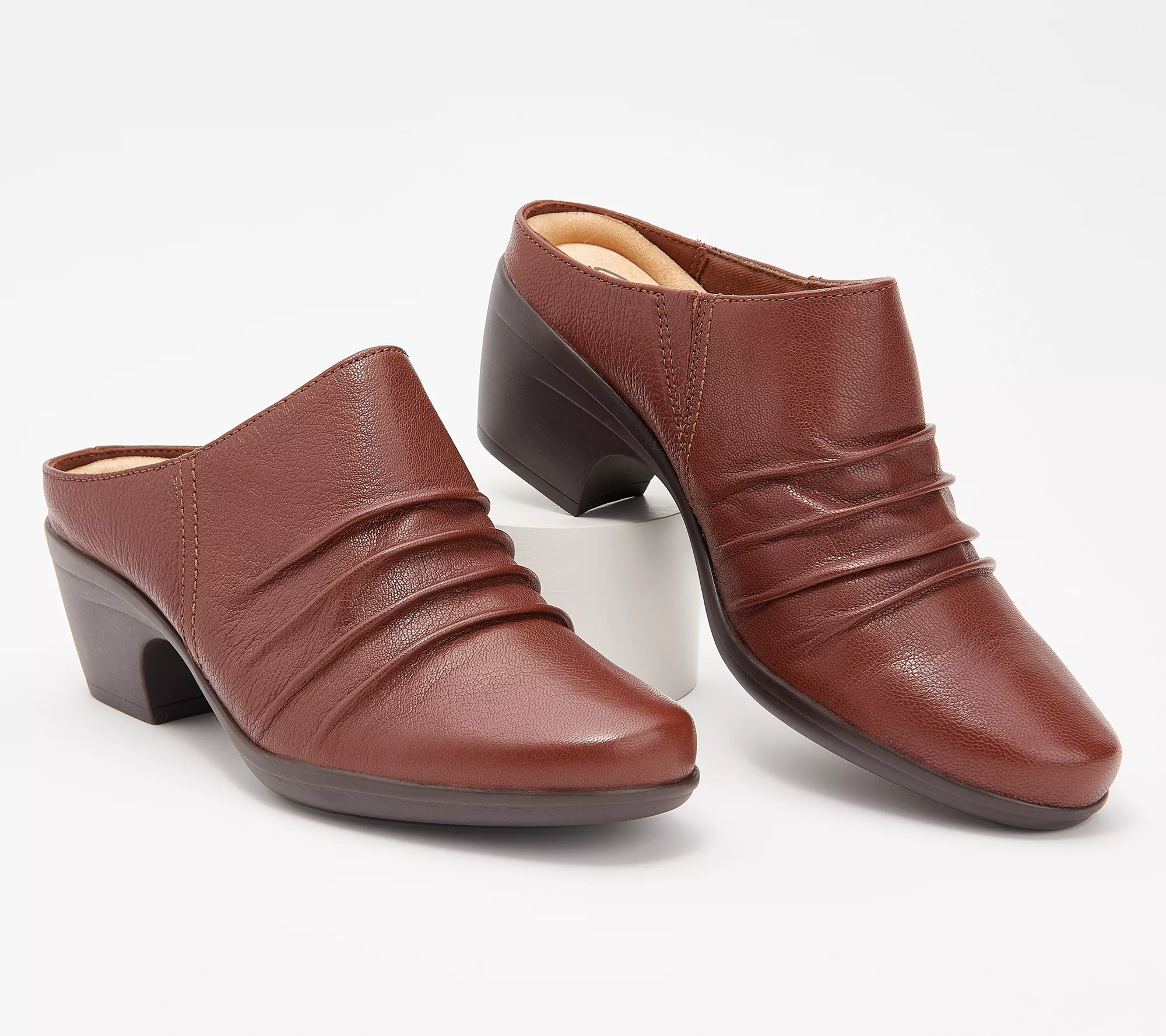 "As Is" Clarks Collection Ruched Leather Heeled Mules - Emily Charm