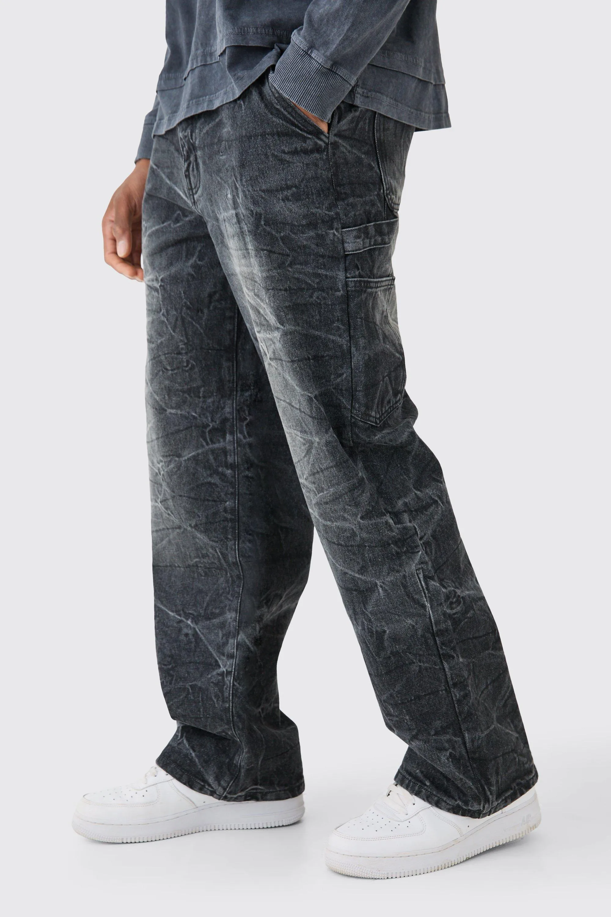 Baggy Rigid Carpenter Crinkle Denim Jeans In Washed Black | boohooMAN UK