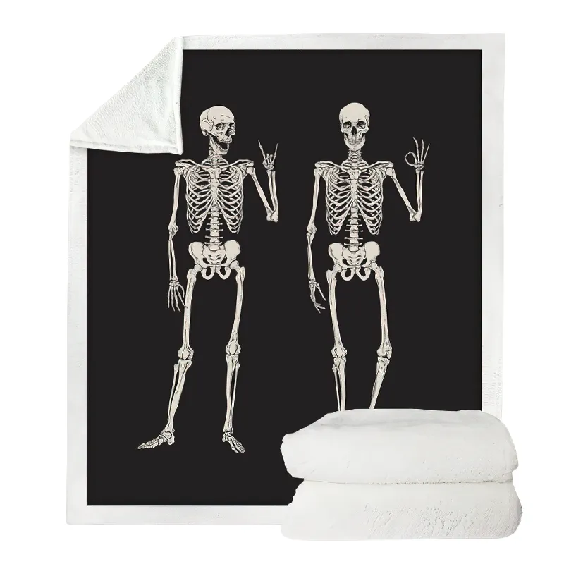 Black and White Plush Blanket With a Print Of funny Skeletons / Unisex Mystic Blanket With Sherpa