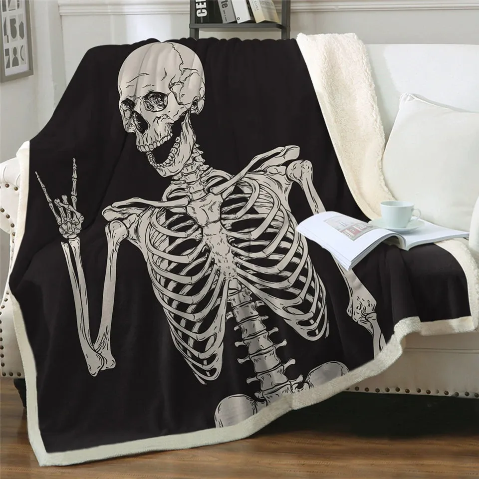 Black and White Plush Blanket With a Print Of funny Skeletons / Unisex Mystic Blanket With Sherpa