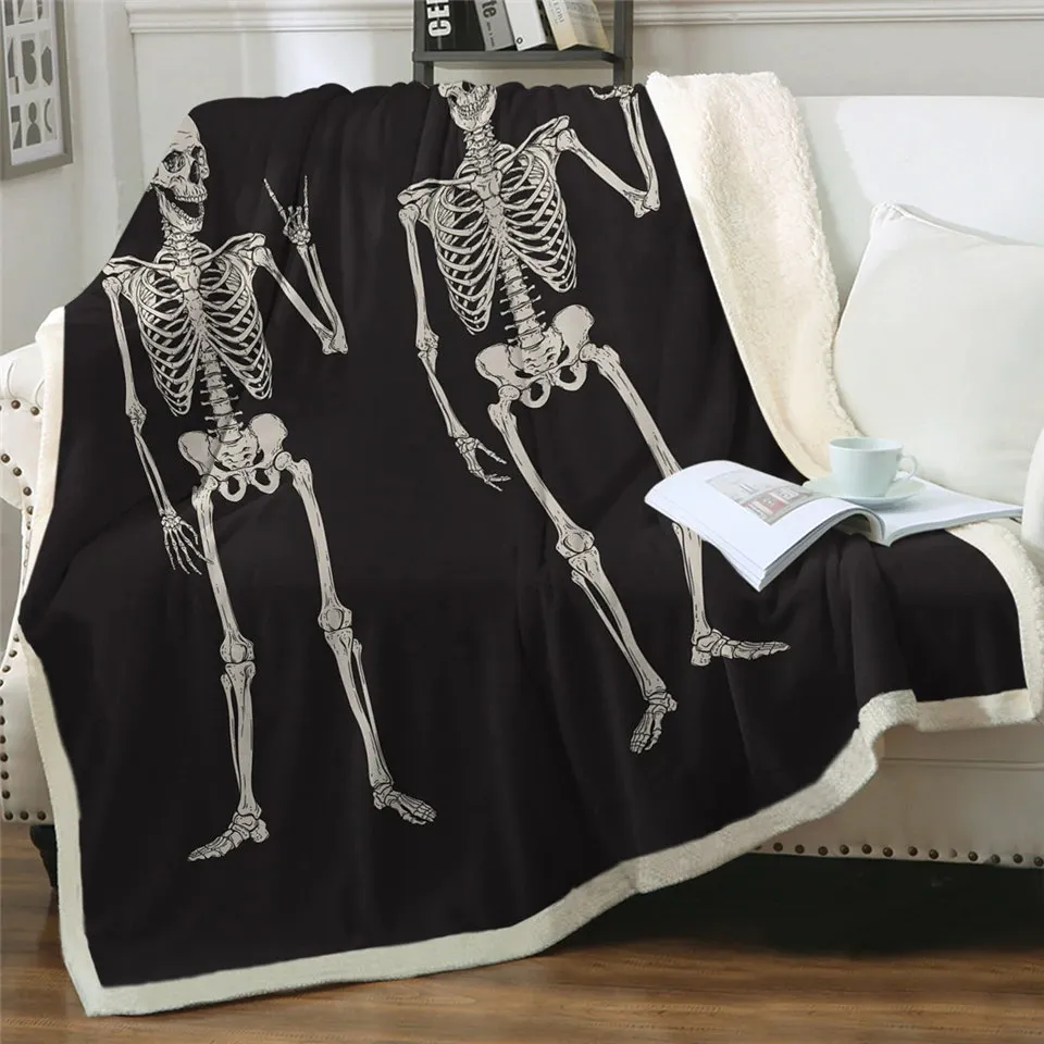 Black and White Plush Blanket With a Print Of funny Skeletons / Unisex Mystic Blanket With Sherpa