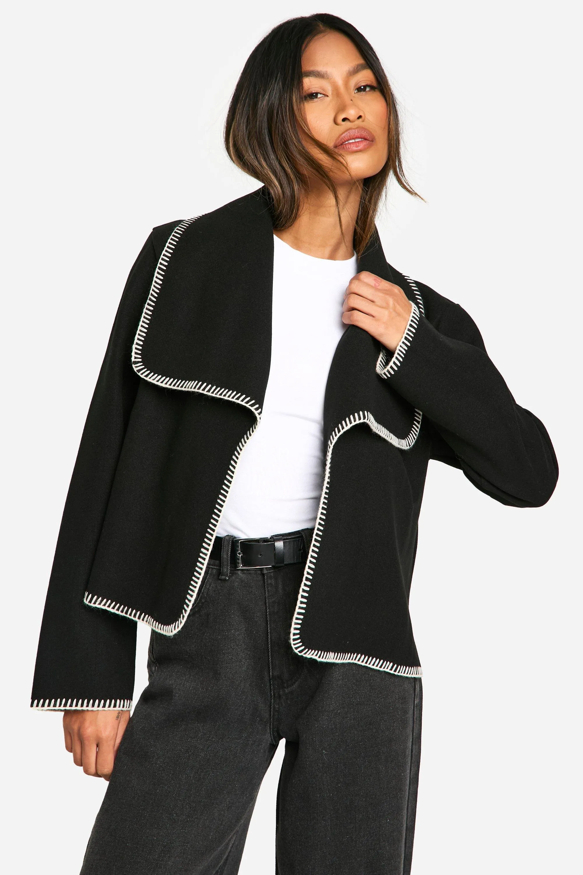 Blanket Stitch Waterfall Wool Look Jacket