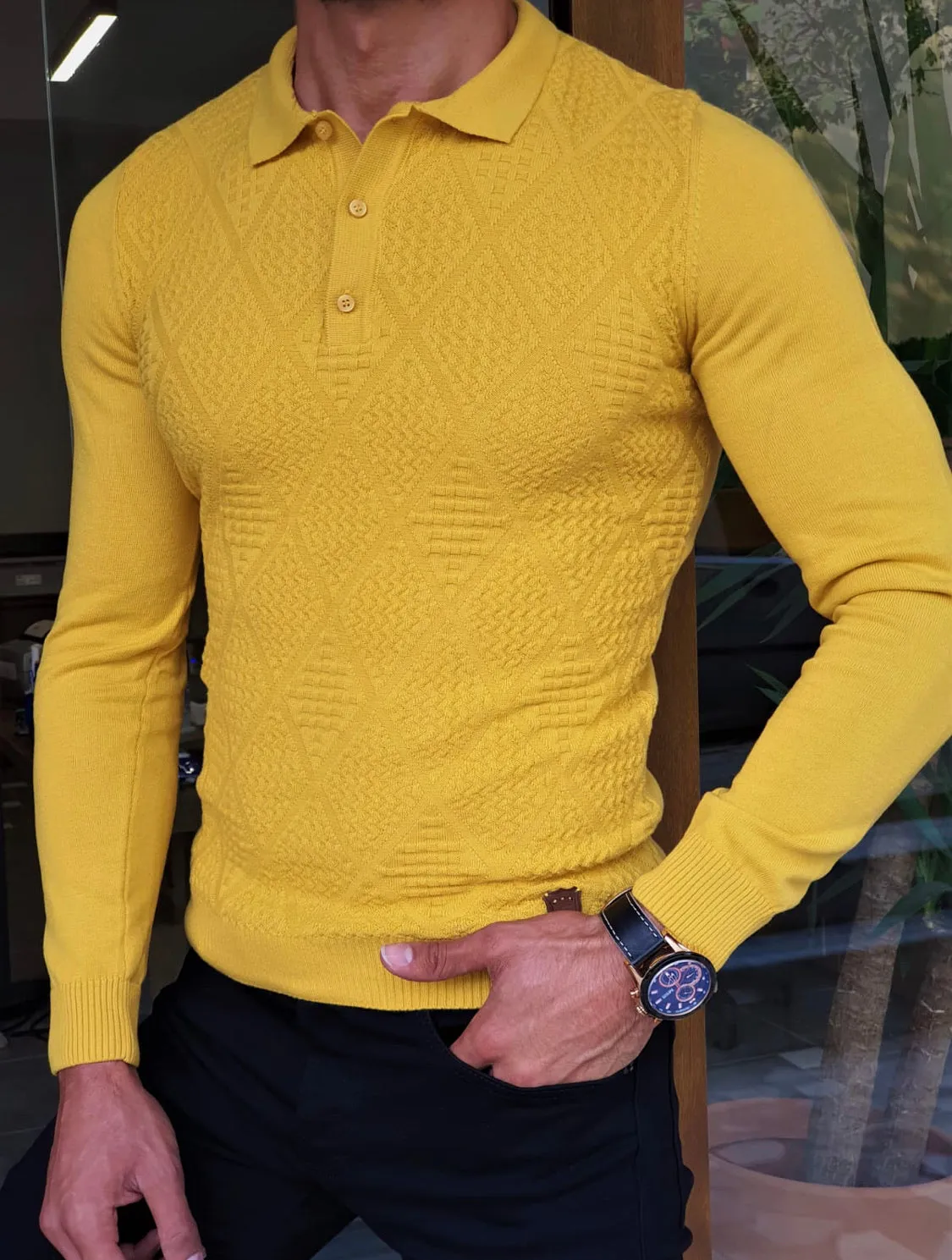 Bloom Yellow Slim Fit Collar Sweater