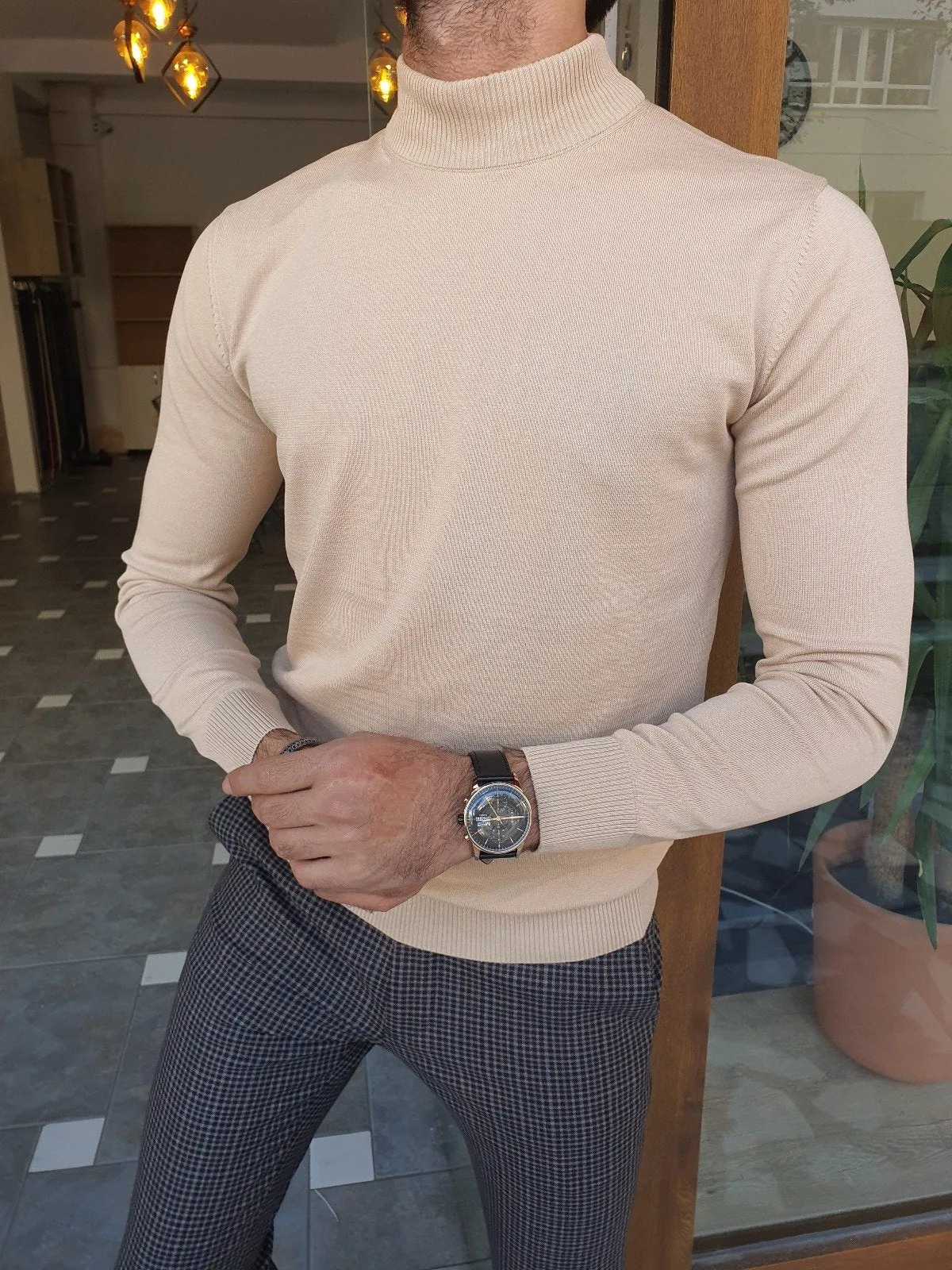 Bojo Slim Fit Long Sleeve Beige Sweater