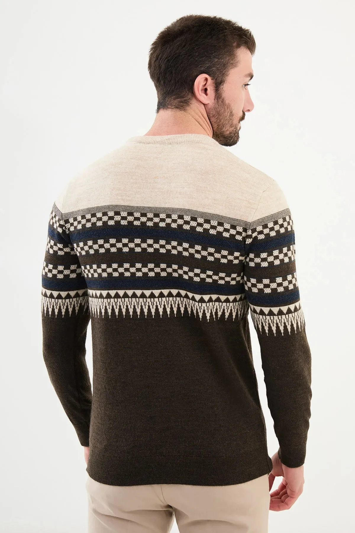 Bojoni Capena Patterned Slim Fit Crew Neck Brown Knitwear Sweater