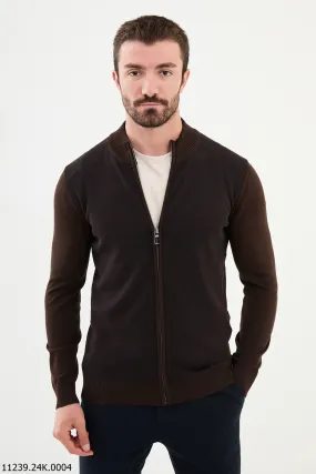 Bojoni Chicago Slim Fit Brown Knitwear Zipper Sweater