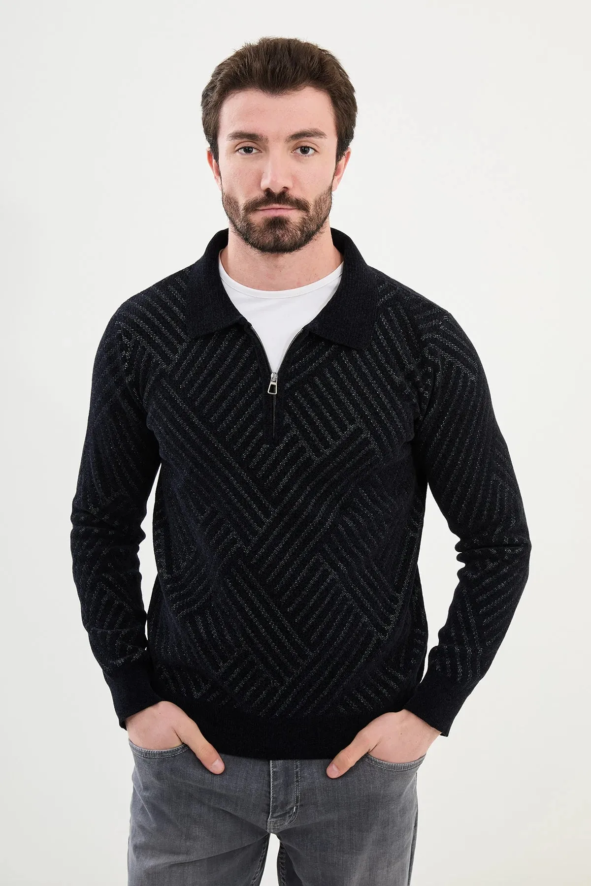 Bojoni Omaha Knitwear Polo Zippered Collar Black Sweater