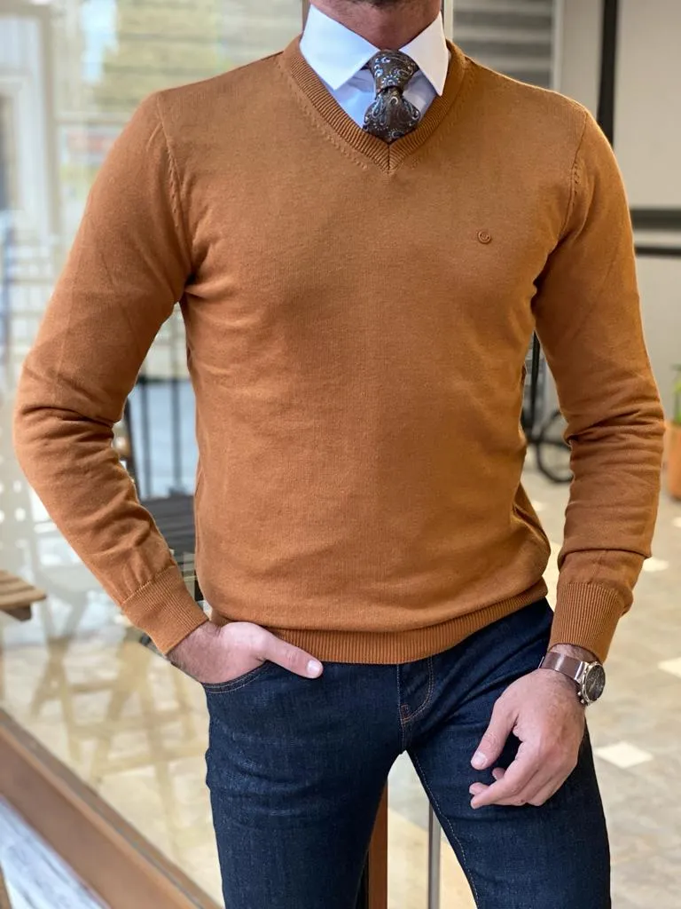 Bojoni Turino Camel Slim Fit V-Neck Sweater