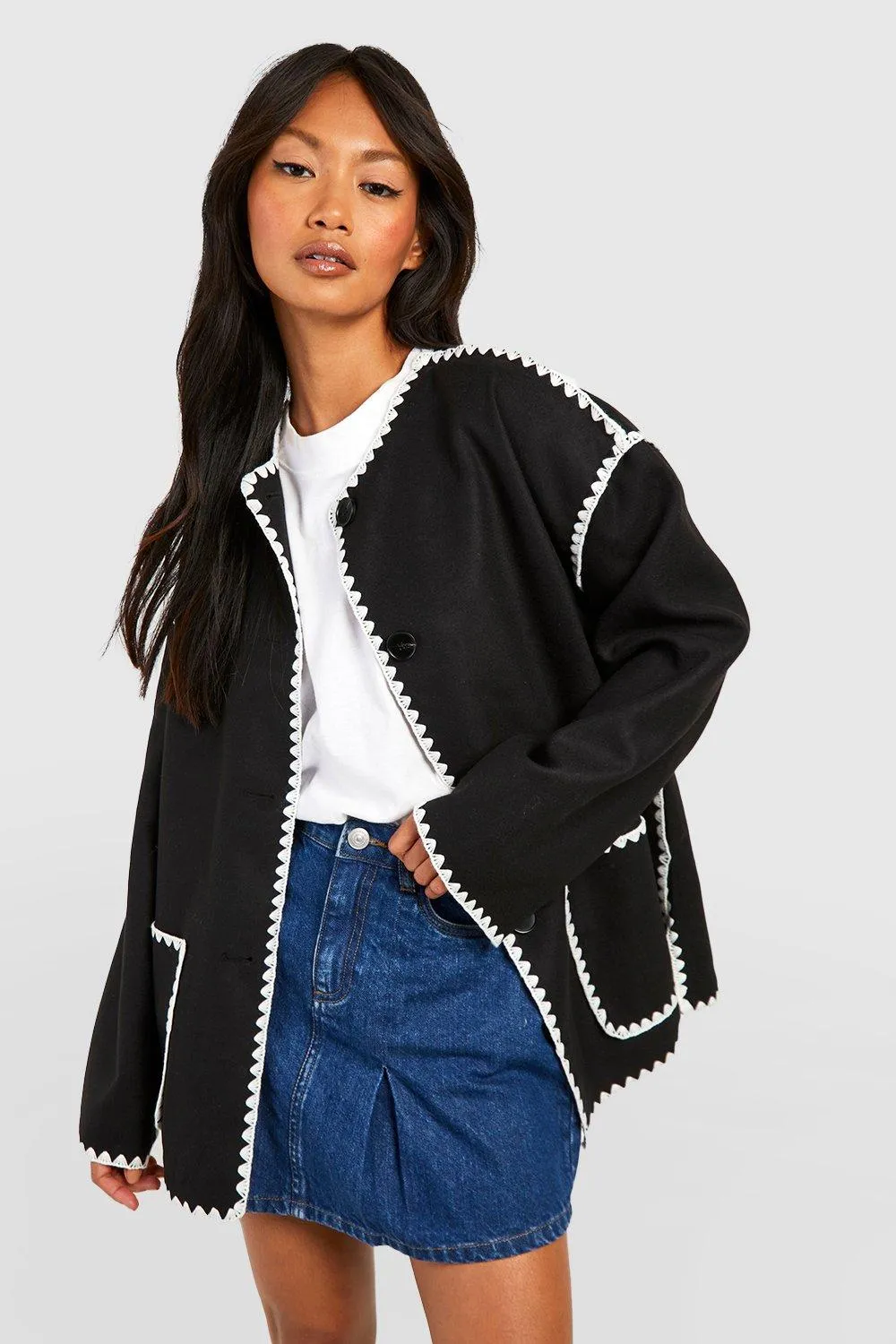 Contrast Blanket Stitch Wool Look Jacket