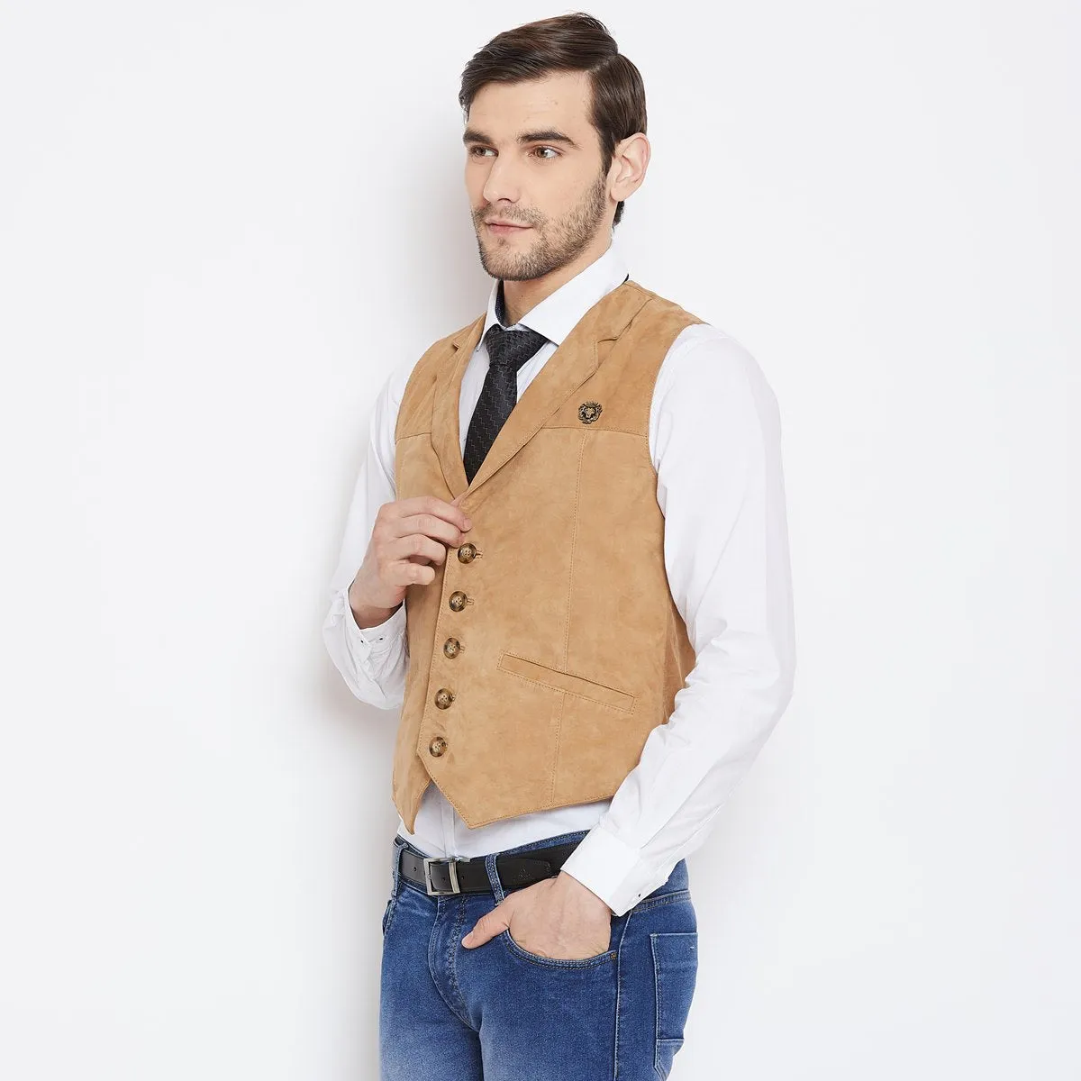 Cowboy Look Vest in Camel Suede Leather