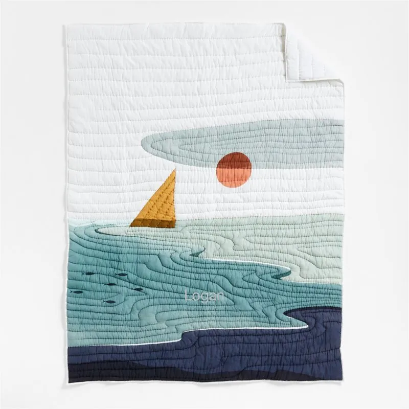 Crate&Barrel Ocean Dreams Embroidered Hand-Quilted Cotton Kids Twin Quilt