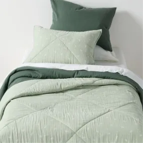 Crate&Barrel Supersoft Muted Teal Leaf Print Cotton Gauze Kids Twin Quilt