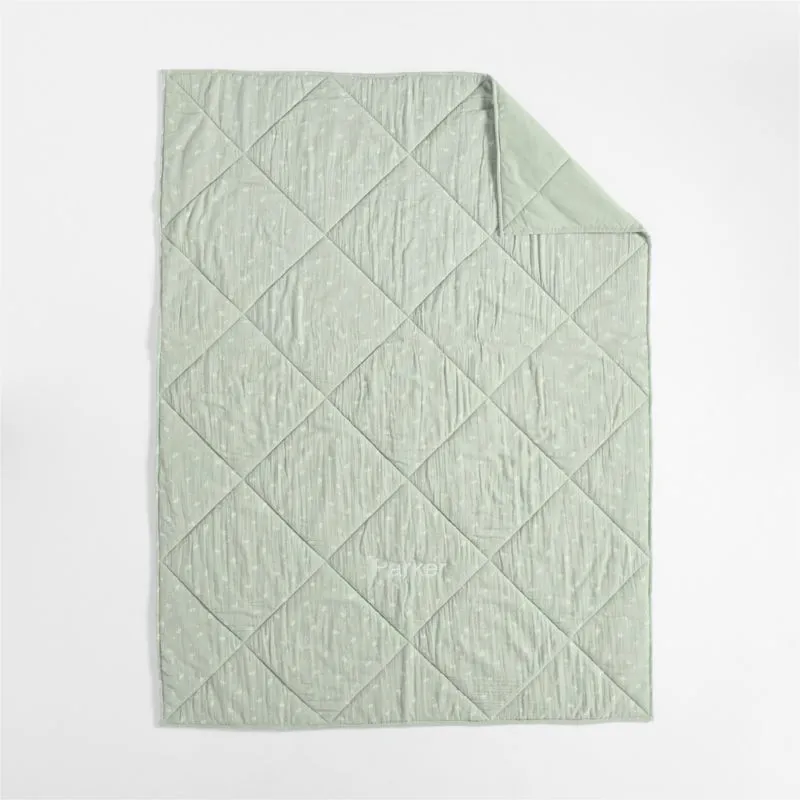 Crate&Barrel Supersoft Muted Teal Leaf Print Cotton Gauze Kids Twin Quilt