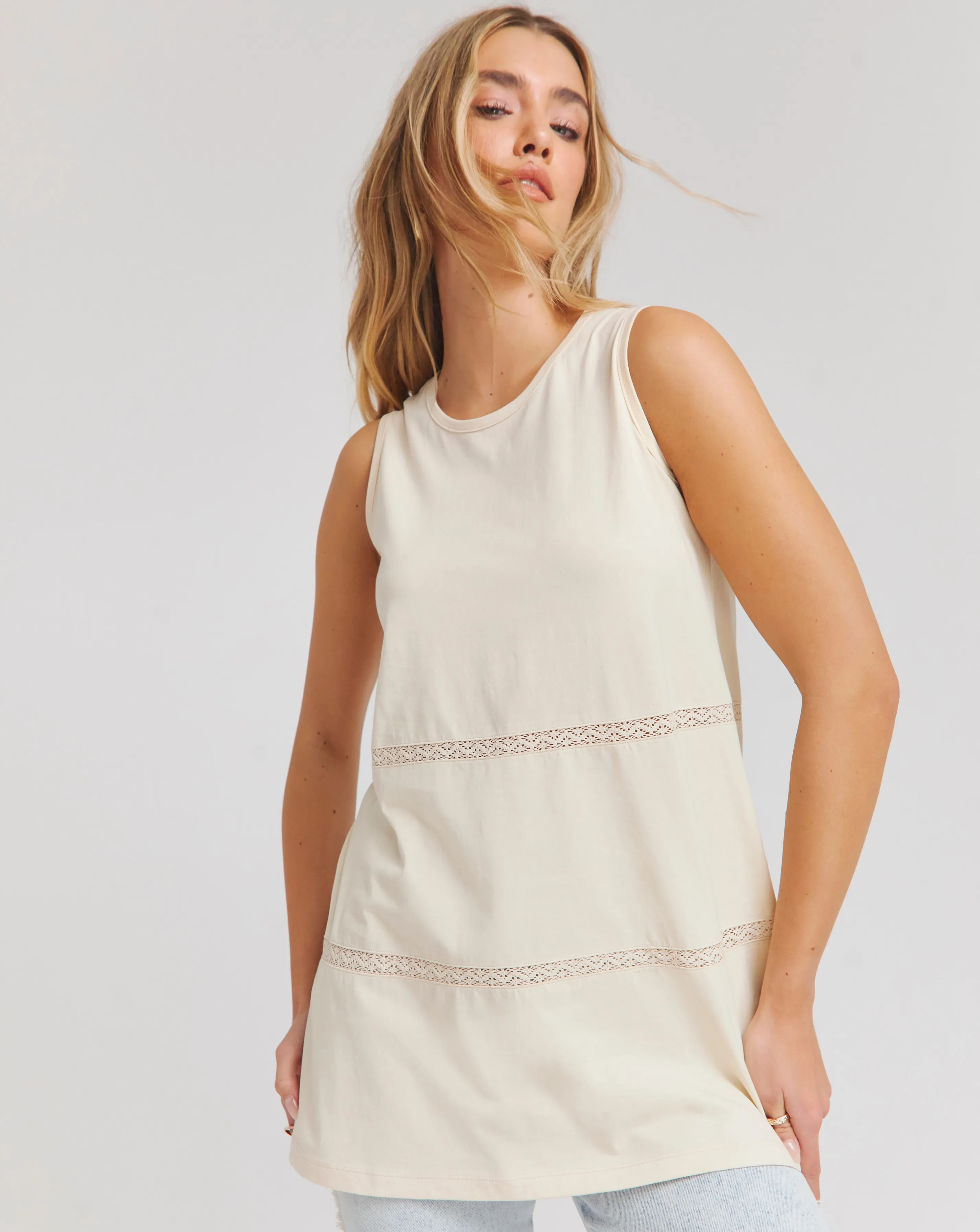 Ecru Sleeveless Crochet Trim Top | Simply Be