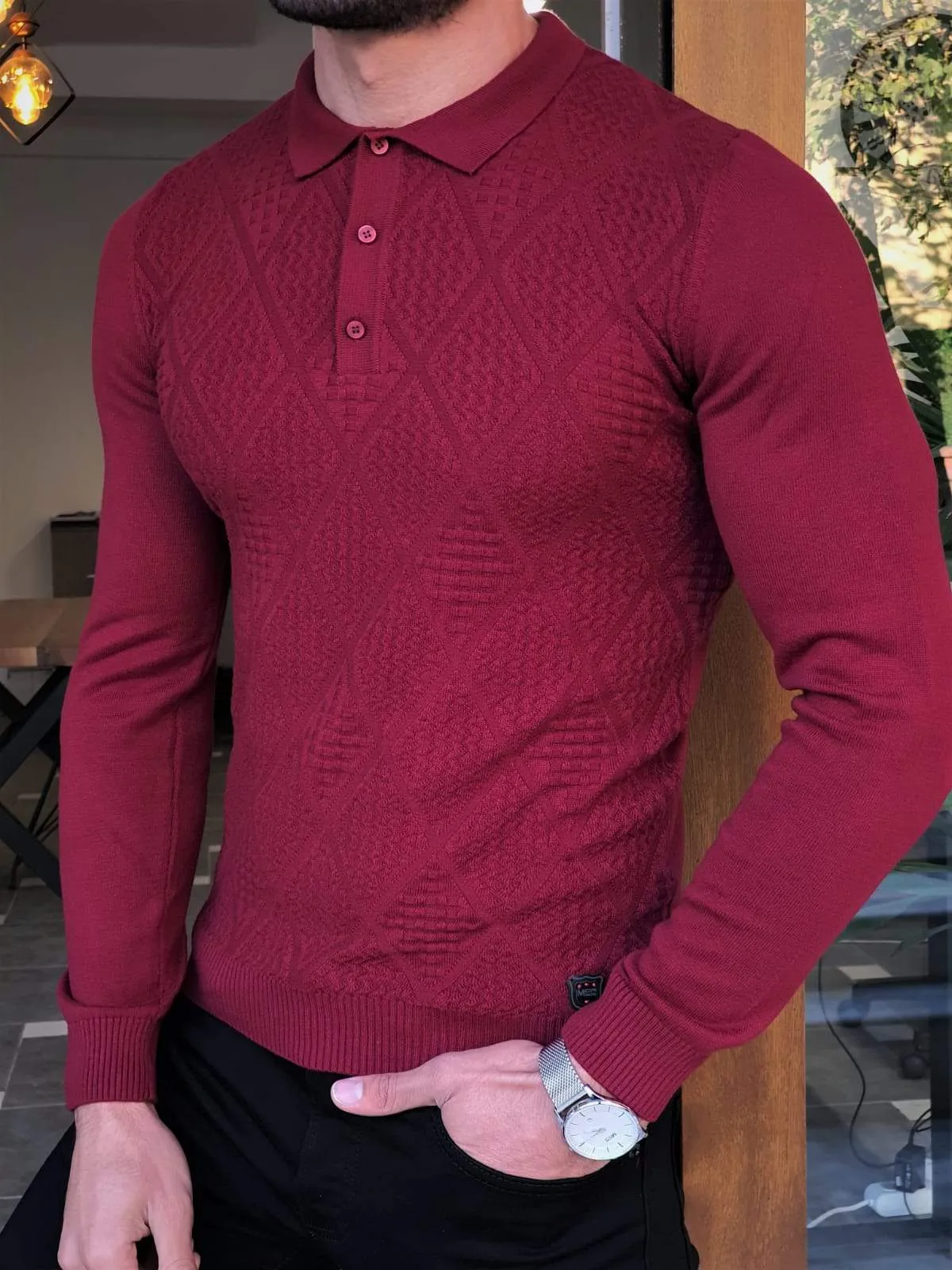 Elko Claret Red Slim Fit Collar Sweater