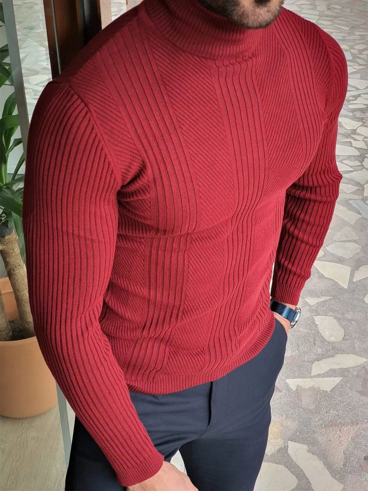 Elko Claret Red Slim Fit Striped Turtleneck Wool Sweater