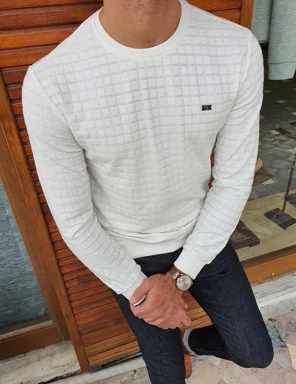 Elko White Slim Fit Crew Neck Patterned Sweater