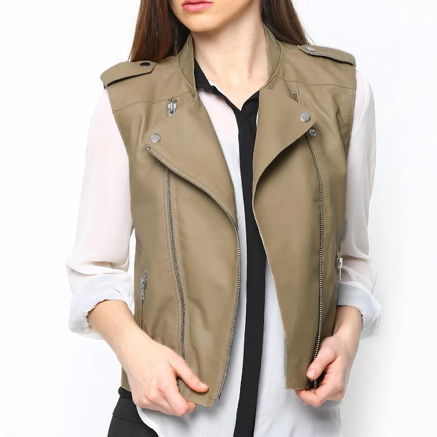 Full Sleeveless Beige Vest Leather Jacket