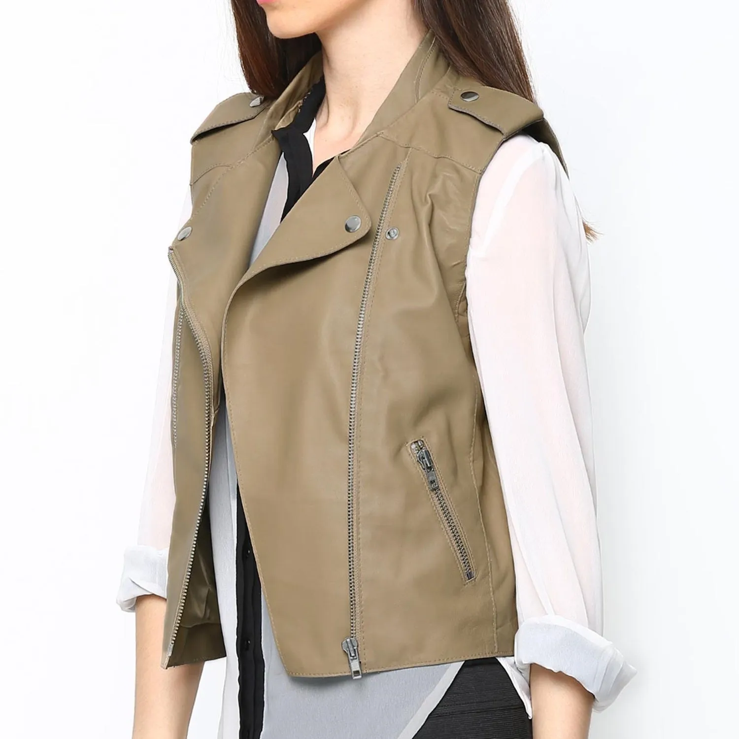 Full Sleeveless Beige Vest Leather Jacket