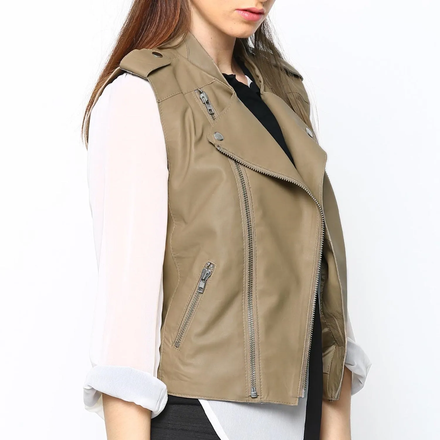 Full Sleeveless Beige Vest Leather Jacket