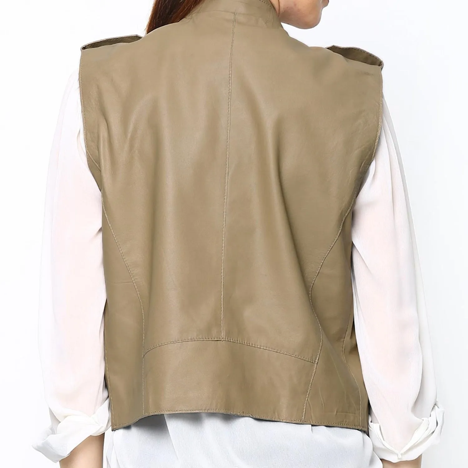 Full Sleeveless Beige Vest Leather Jacket