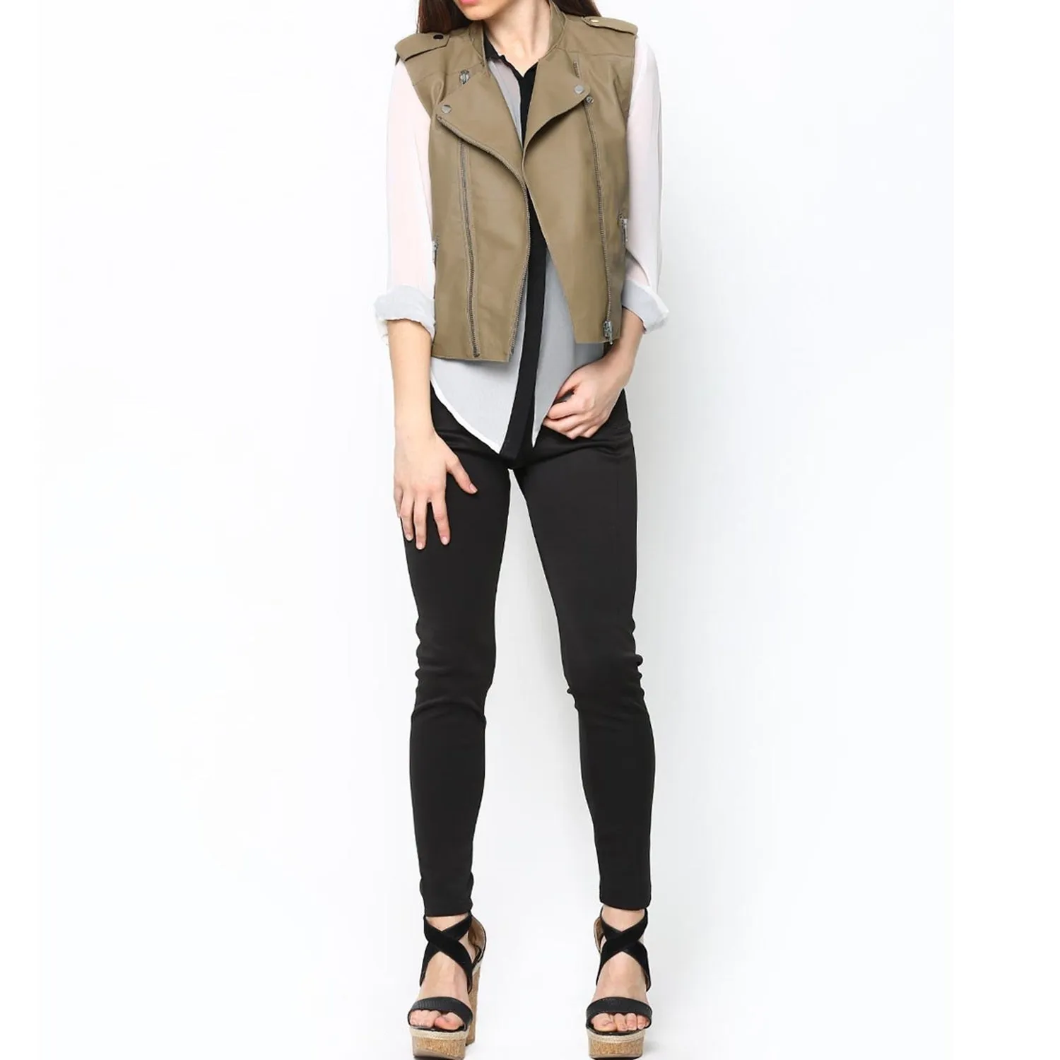 Full Sleeveless Beige Vest Leather Jacket