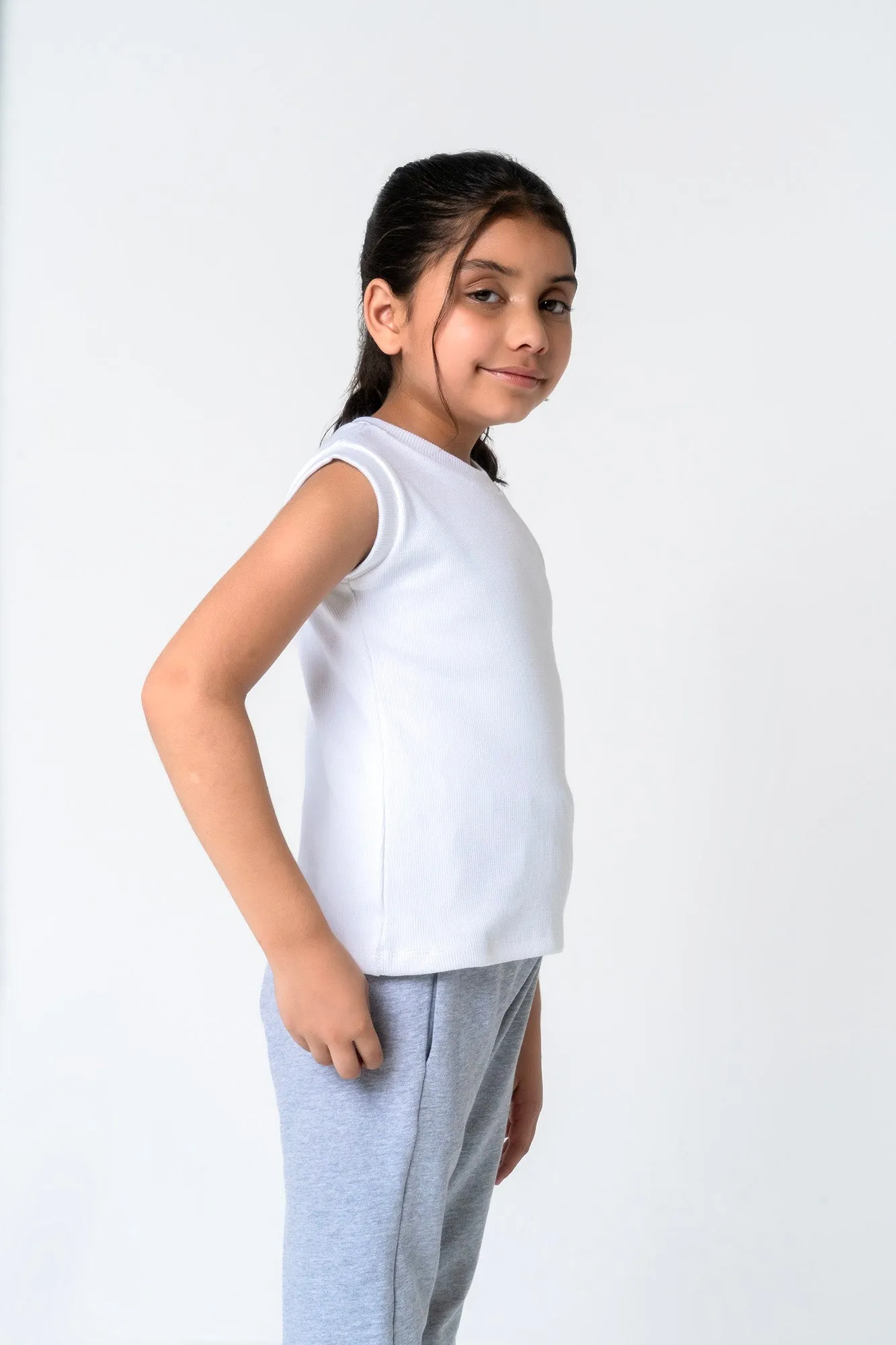 Girls Sleeveless Rib Knit Vest- White