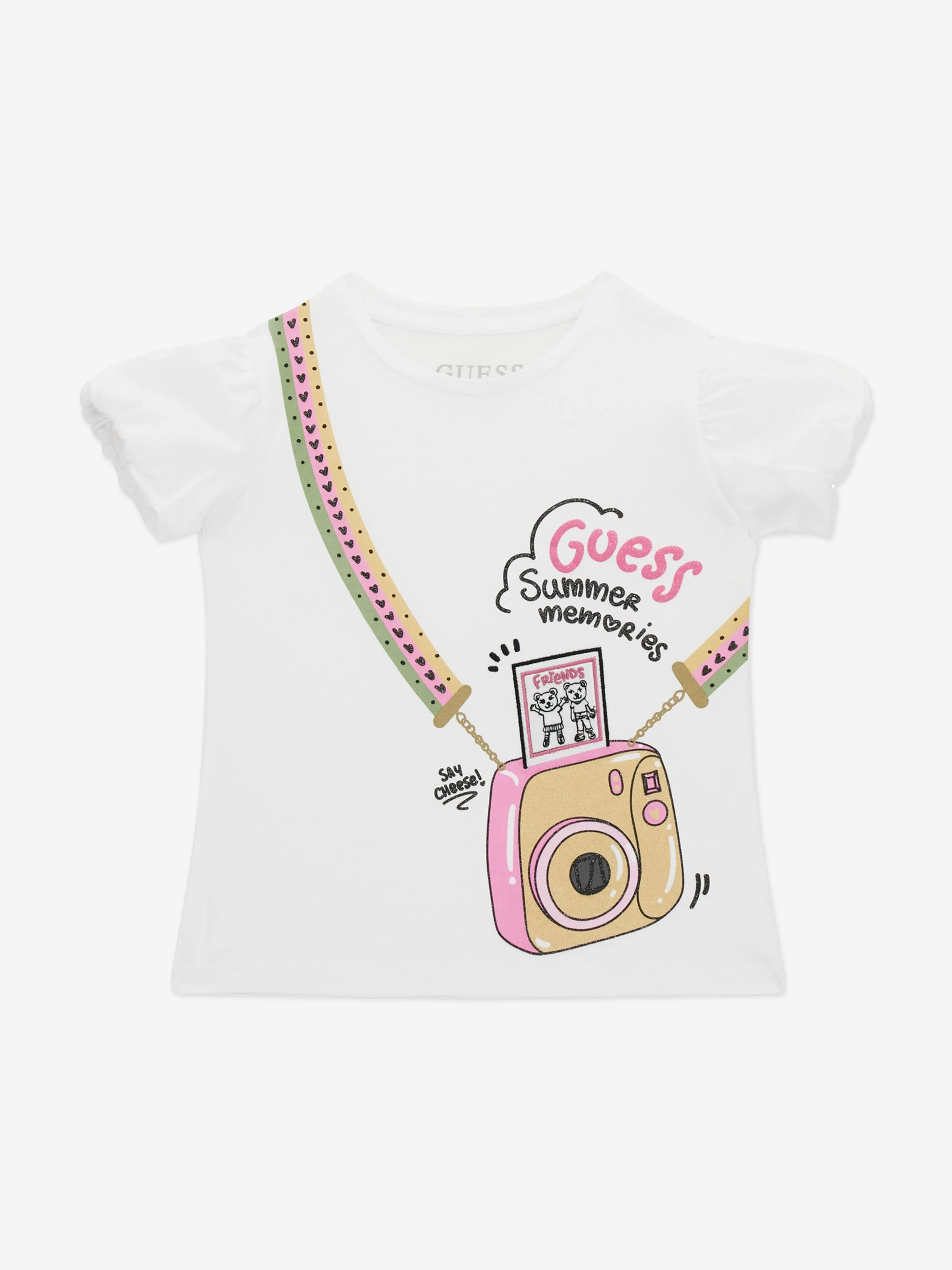 Guess Girls Camera Print T-ShIrt in White