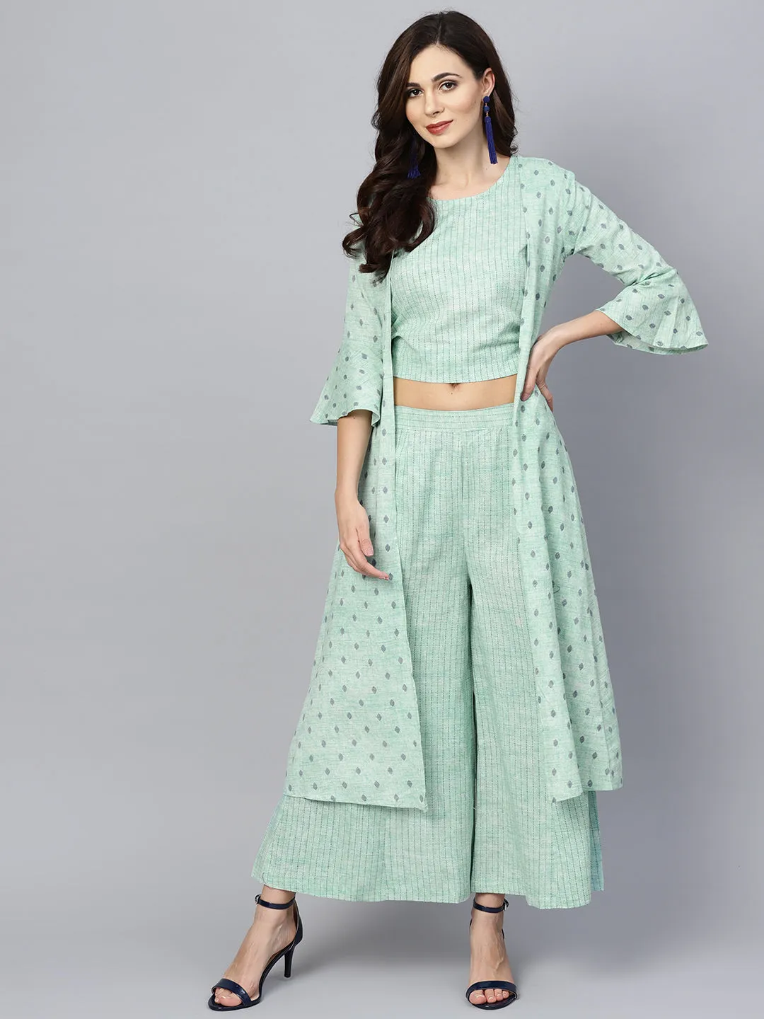 Ishin Women's Cotton Sea Green Printed A-Line Kurta Palazzo Set With Jacket