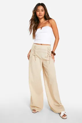 Lace Up Pinstripe Wide Leg Pants