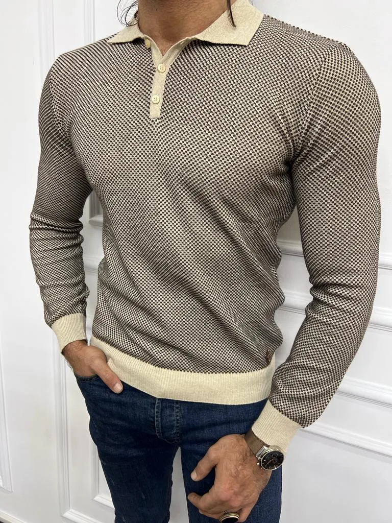 Leon Slim Fit Beige Polo Collared Knit Sweater