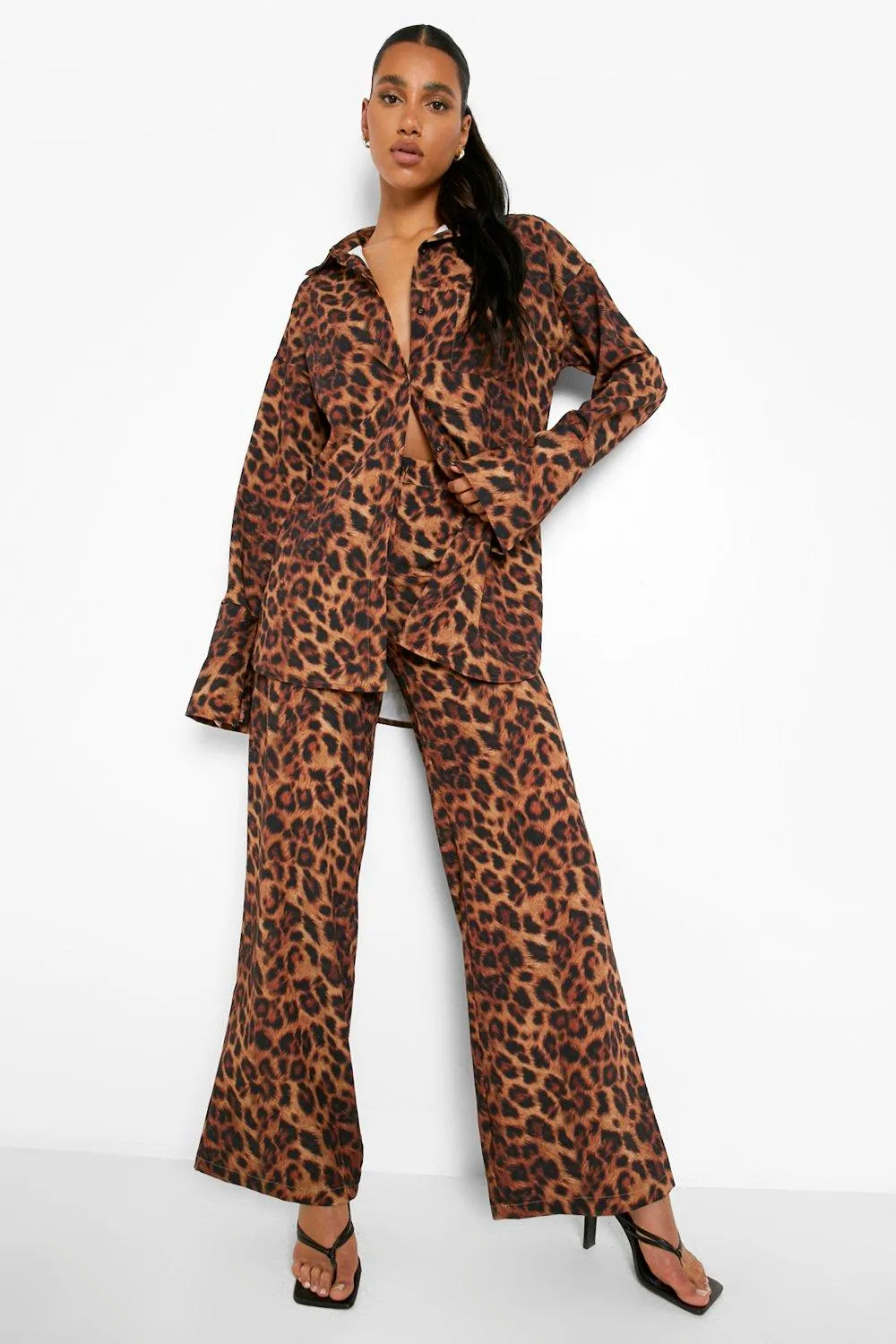 Leopard Print Matte Satin Wide Leg Pants