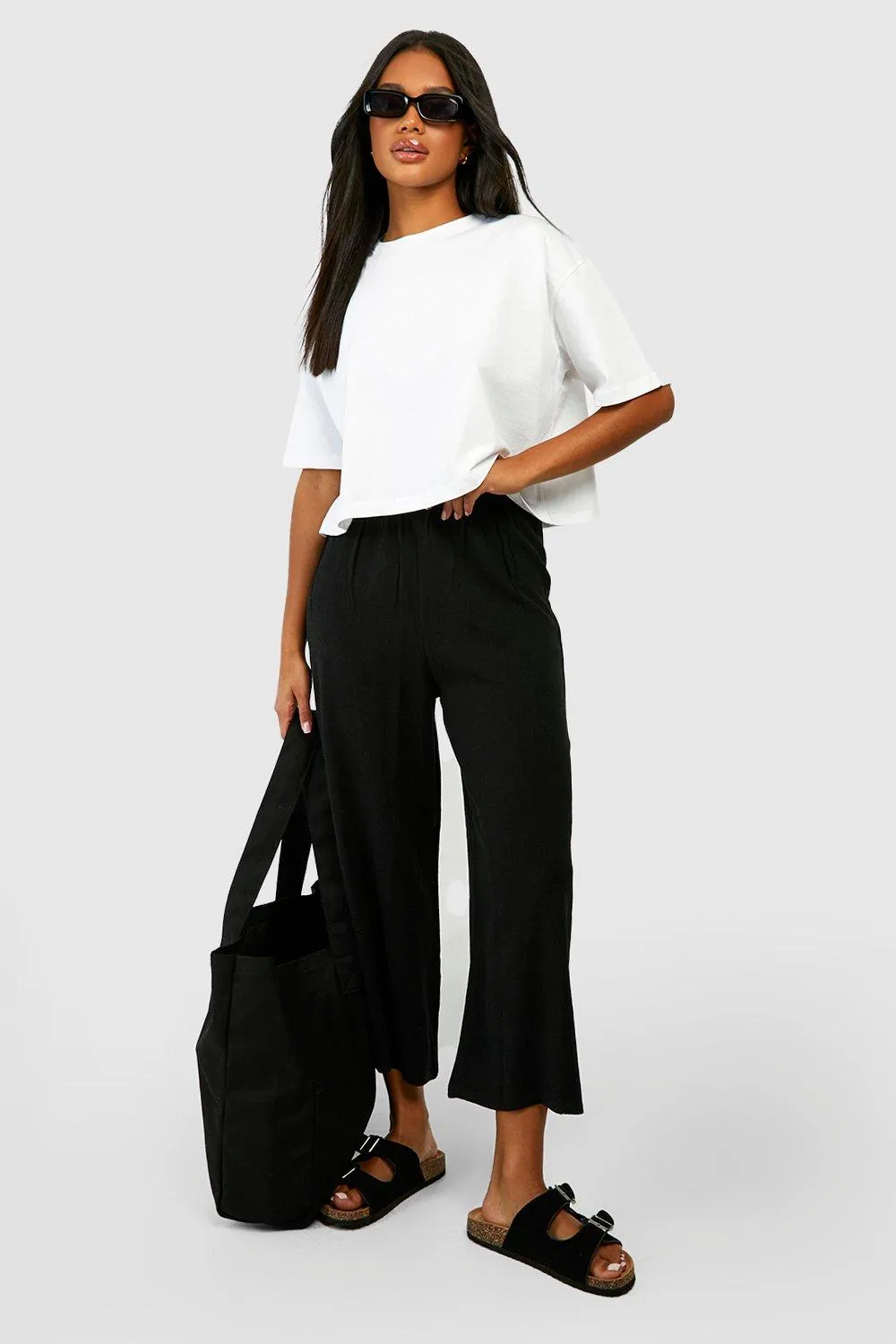 Linen Blend Cropped Wide Leg Pants