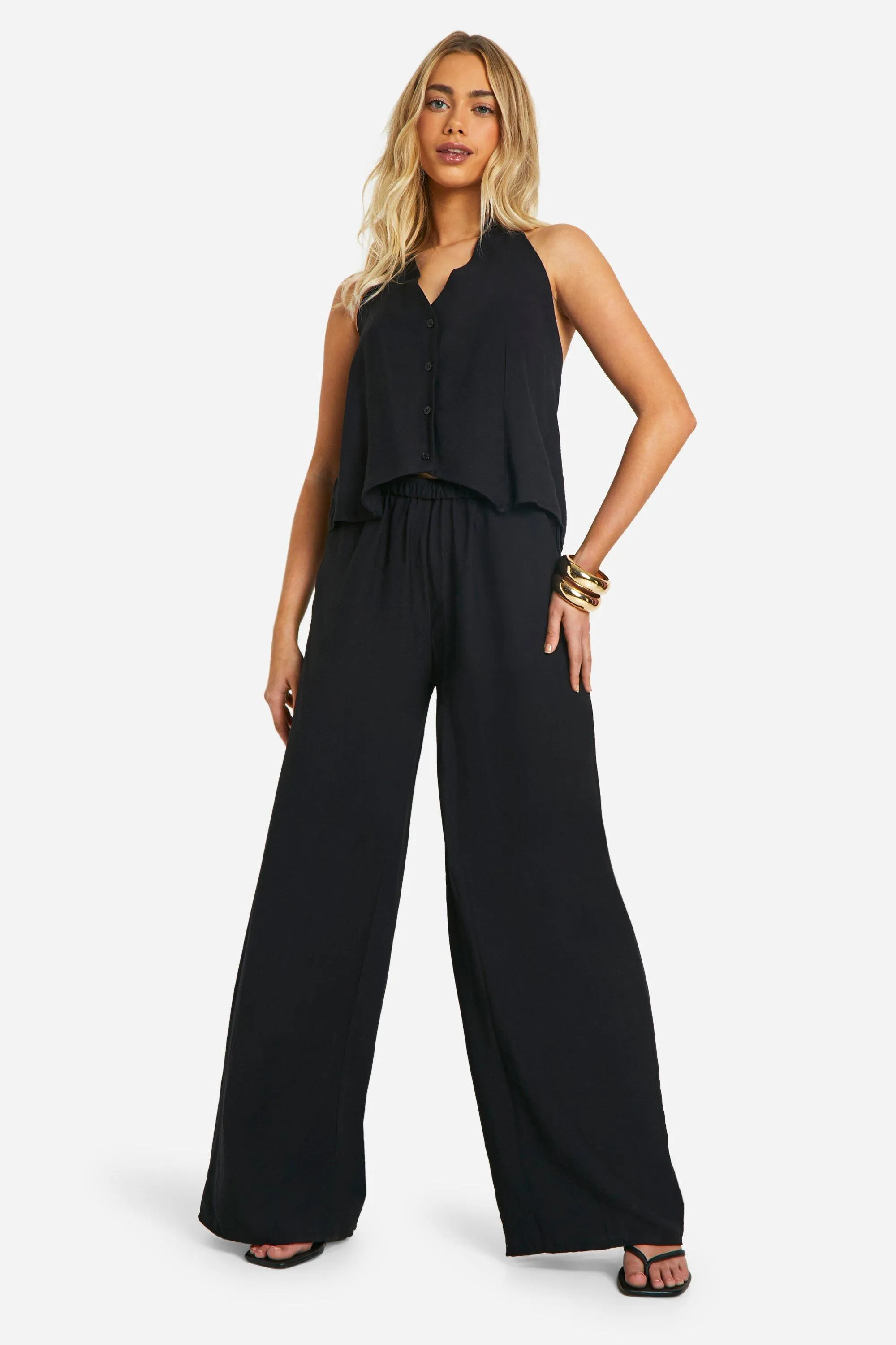 Linen Look Wide Leg Relaxed Fit Pants