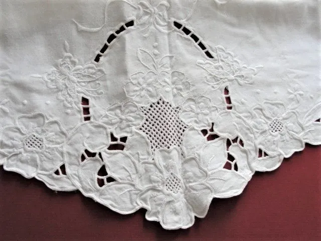 LOVELY Vintage Large Pillow Shams Pillowcases Flowers Butterflies Embroidery WhiteWork Pair of Pillow Cases Fine Linens