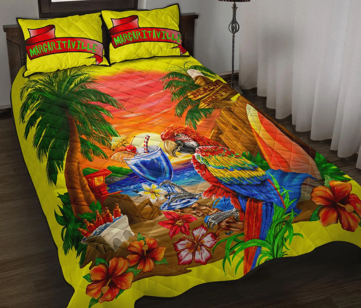 Margaritaville Sunset Yellow Parrot Quilt Set