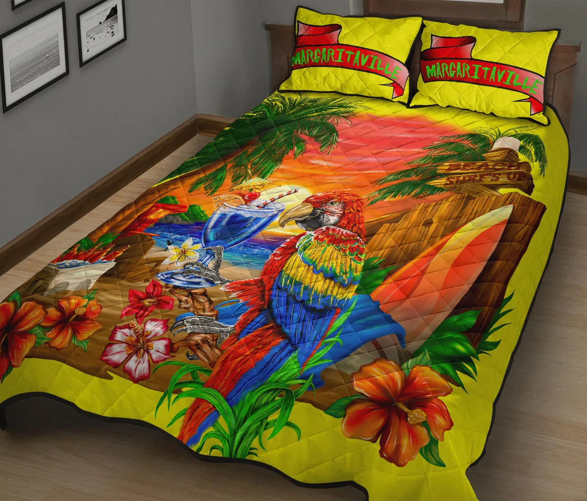 Margaritaville Sunset Yellow Parrot Quilt Set