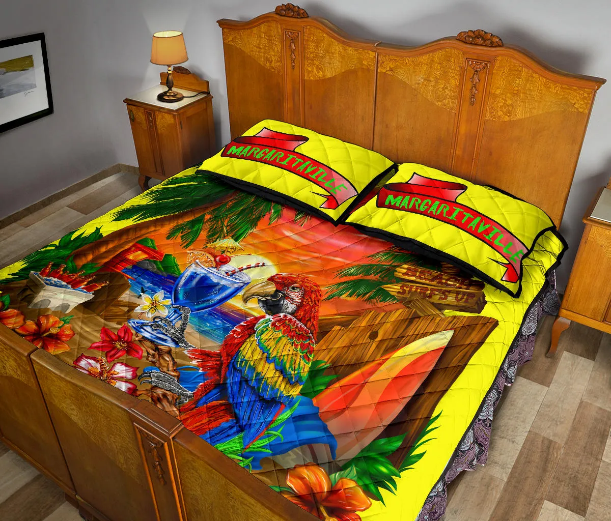 Margaritaville Sunset Yellow Parrot Quilt Set