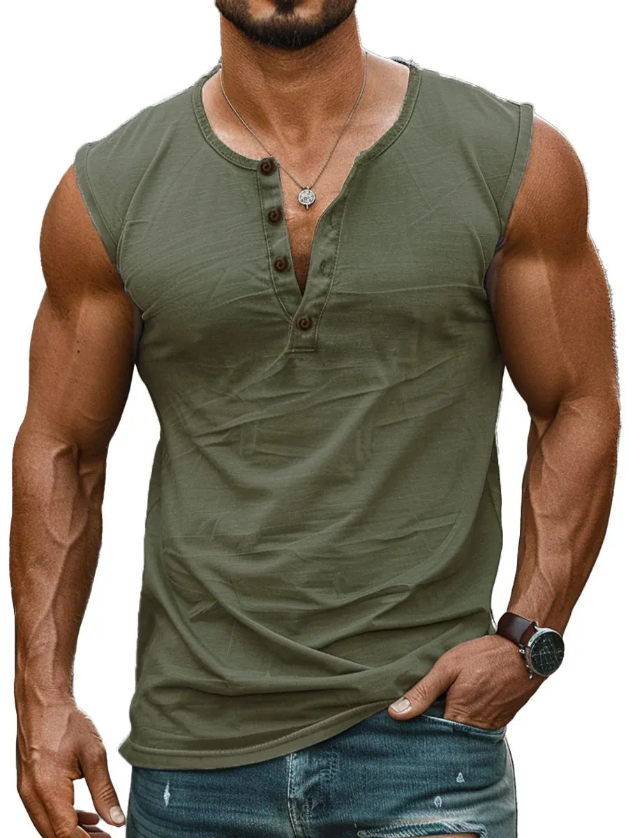 Men's Casual Button Round Neck Sleeveless Tank Top