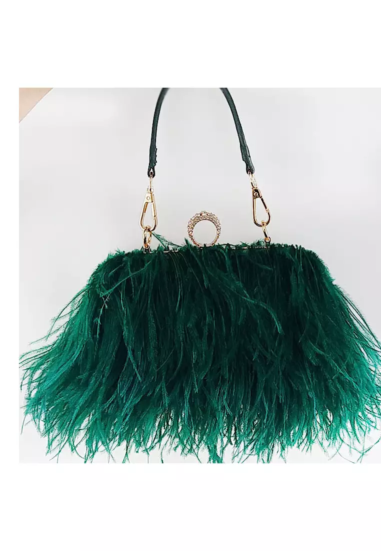 Mooclife Ostrich Feather Ring Buckle Chain Crossbody Shoulder Small Square Bag