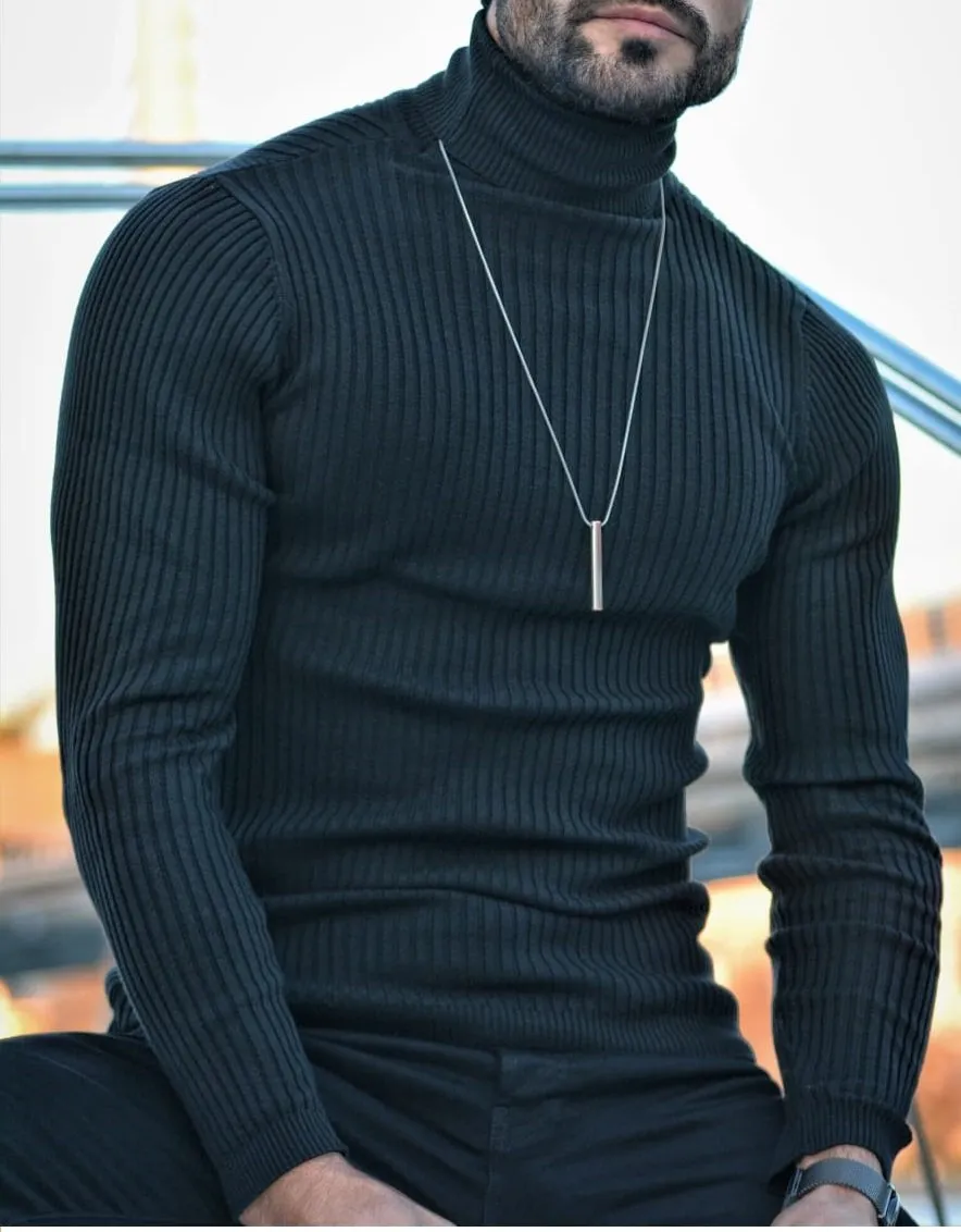 Napasta Black Slim Fit Turtleneck Wool Sweater