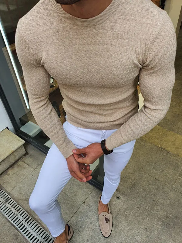 Natisk Rawlins Beige Slim Fit Crew Neck Sweater