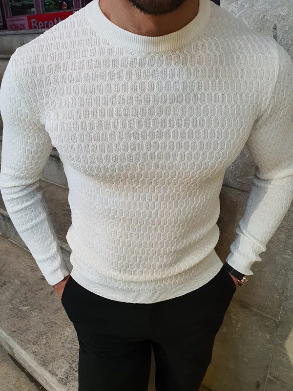 Natisk White Slim Fit Crew Neck Sweater