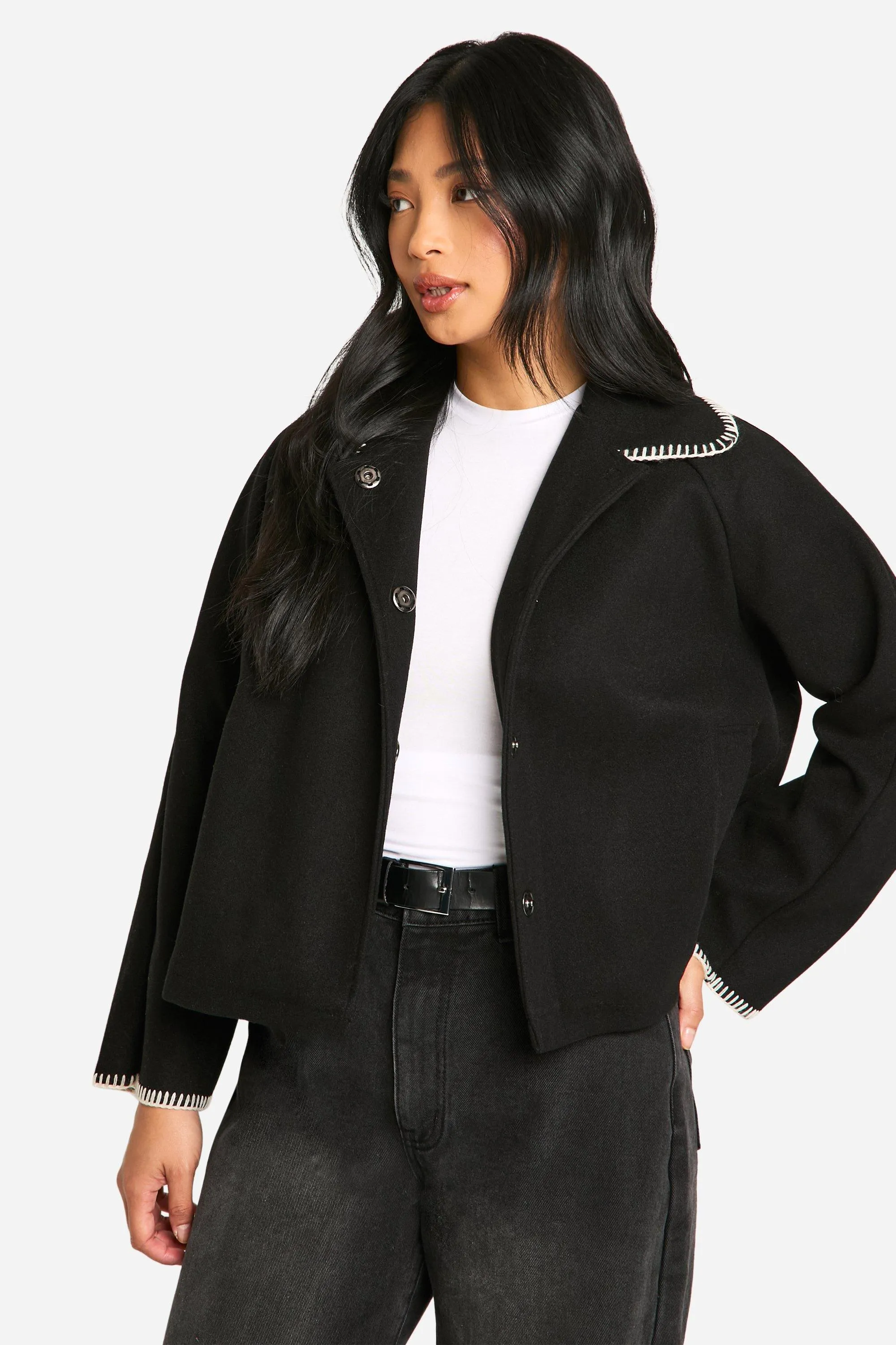 Petite Blanket Stitch Wool Look Jacket