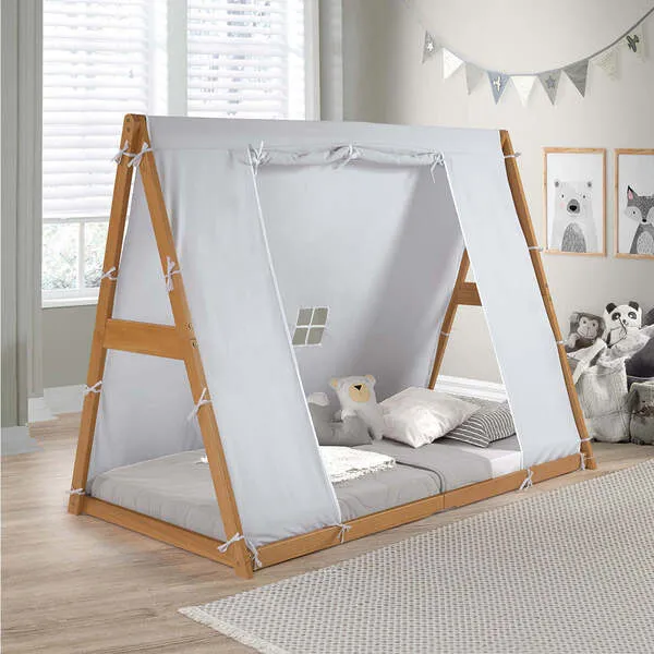 P'kolino Play Tent Twin Bed, Natural Frame/Grey Tent